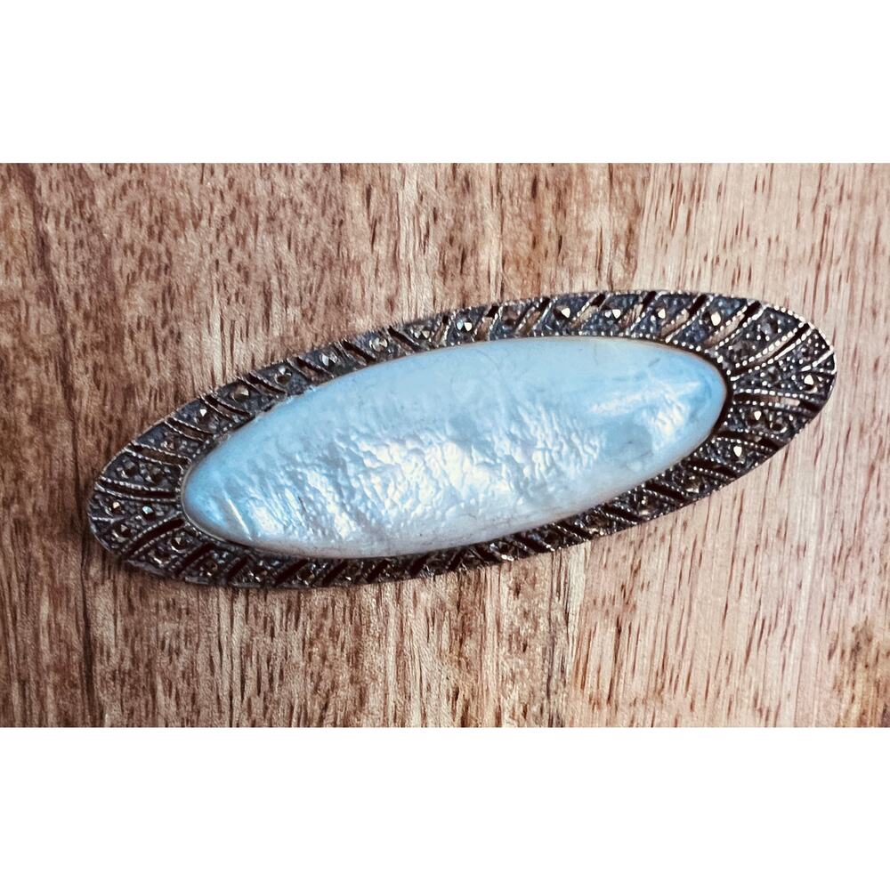 Vintage Sterling Silver 925 Marcasite Brooch with Mother of Pearl 2.75” Oval Pin